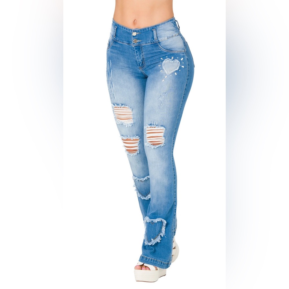 AREA Blue Flare Colombian Buttlifting Jeans with Heart Accents